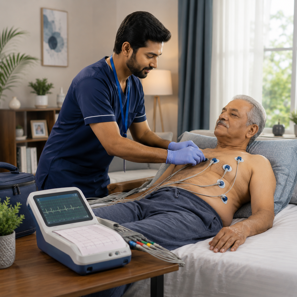 ECG at home Nashik — Medola cardiac technician performing ECG test